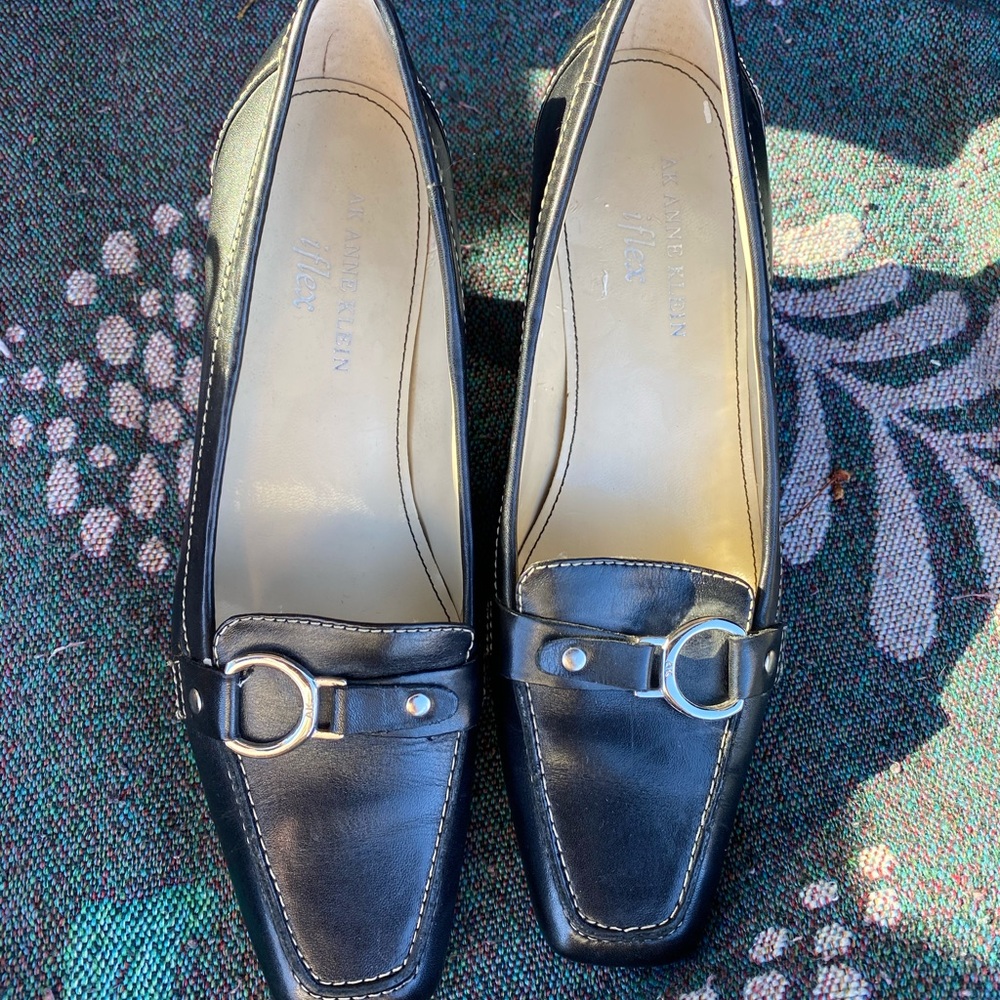 Anne Klein Black Leather Loafers with Silver Buckle
